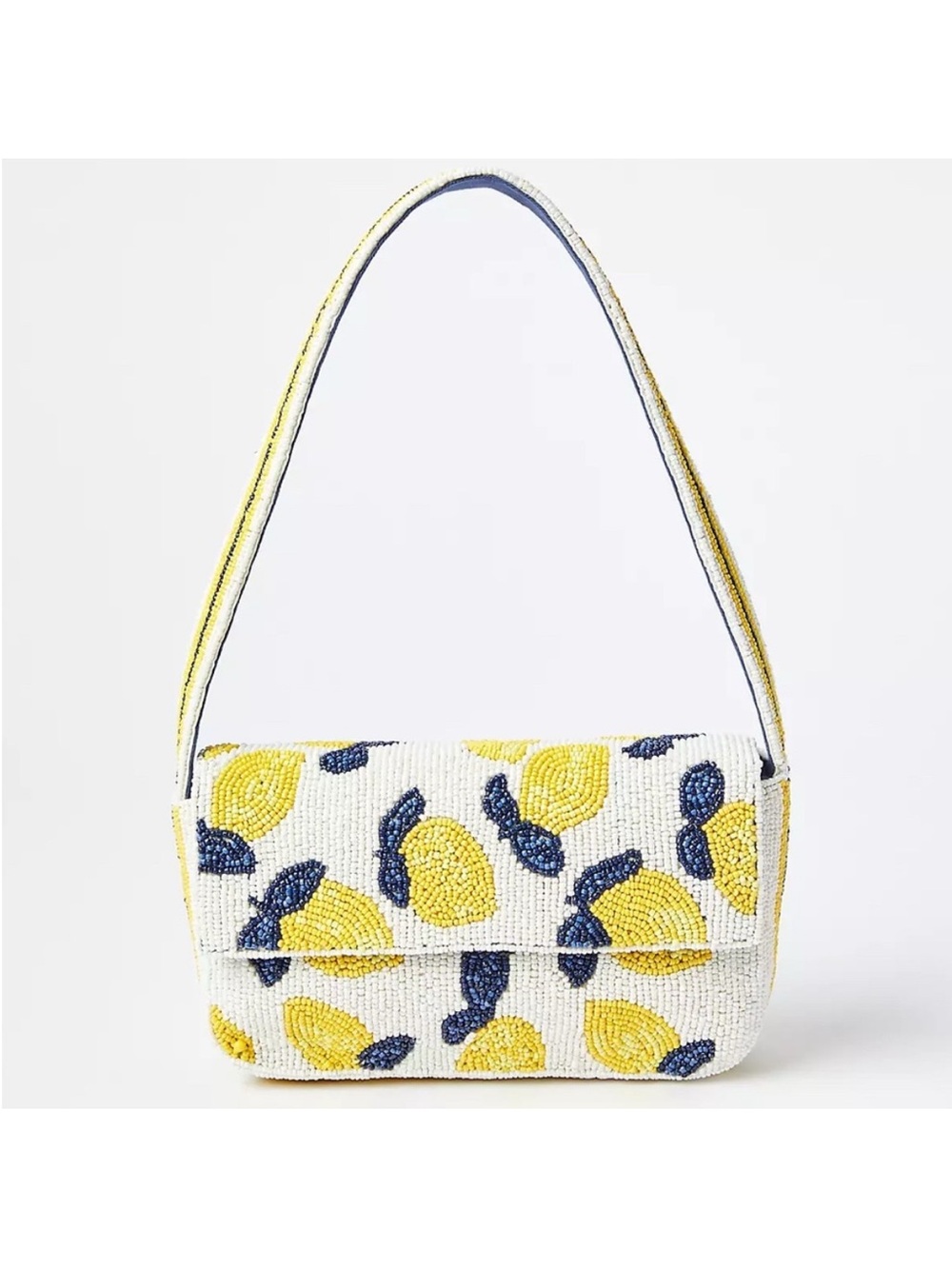 LOFT White Beaded Shoulder Bag with Yellow and Navy Lemon Motif